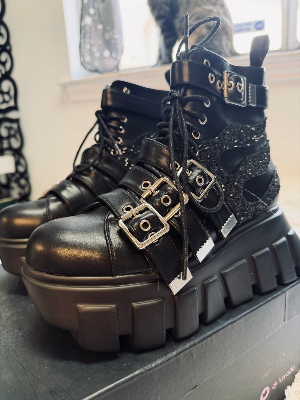 LAMODA Rough Racer Platform Boots
- Black Glitter